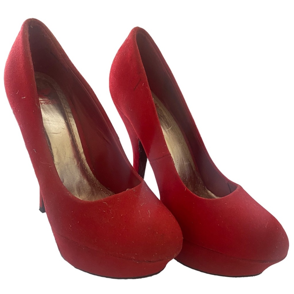 Sheikh | Red Round Toe Faux Suede Stiletto Pumps Size 7